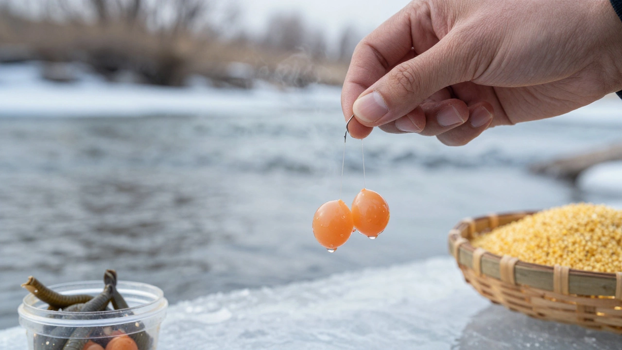На крючке три икринки карпа, рядом — варёное пшено и кукуруза, на фоне ледяной реки ранней весной.