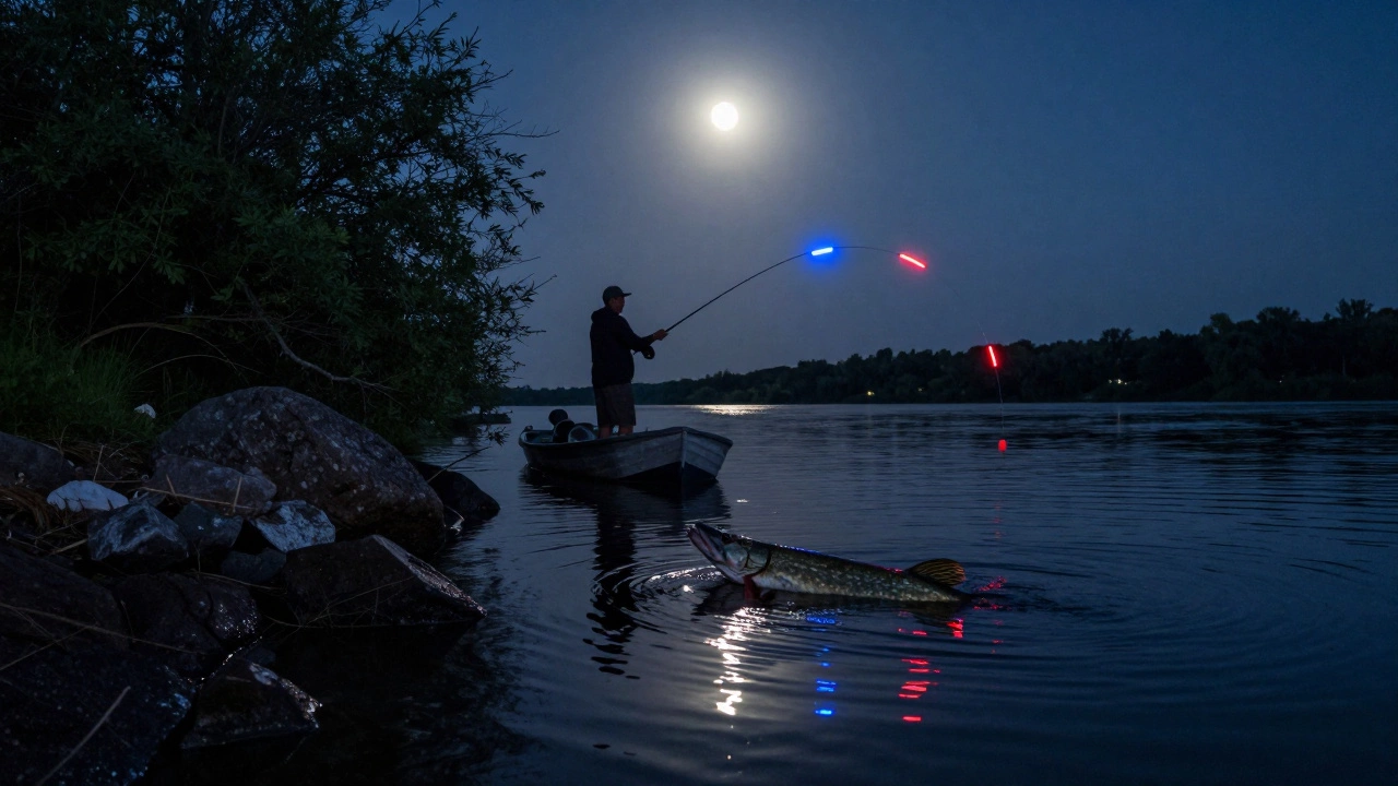Ночная ловля щуки под полной луной: светящаяся приманка в атаке под водой.