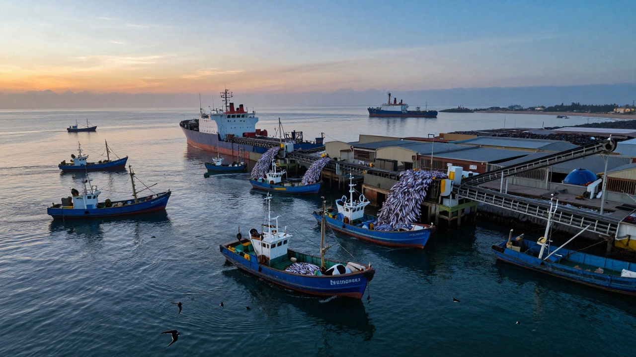 Перуанский рыболовный флот добывает анчоусов у побережья Тихого океана.