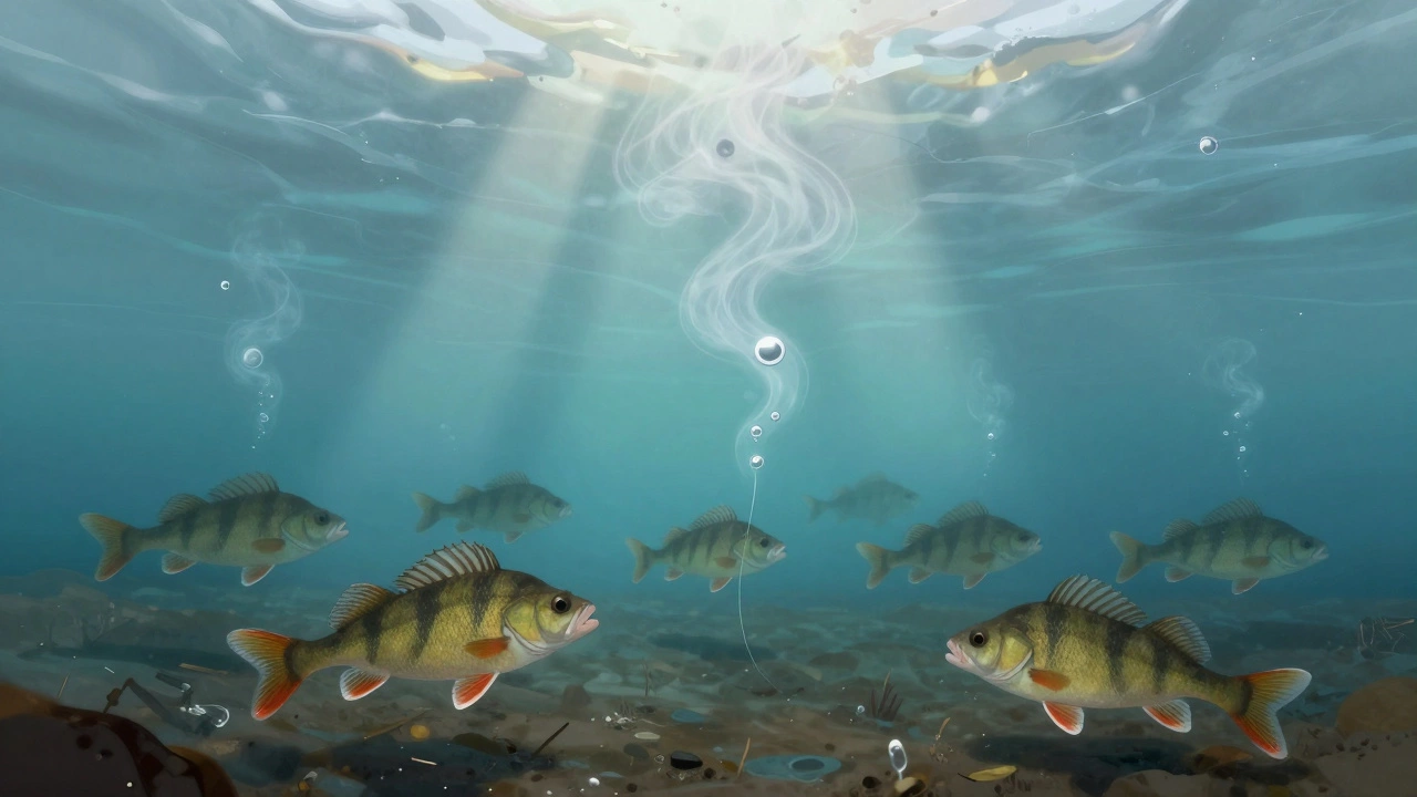 Подводная сцена: рыба отплывает от химического следа от бритвы, в то время как естественные запахи остаются незамеченными.