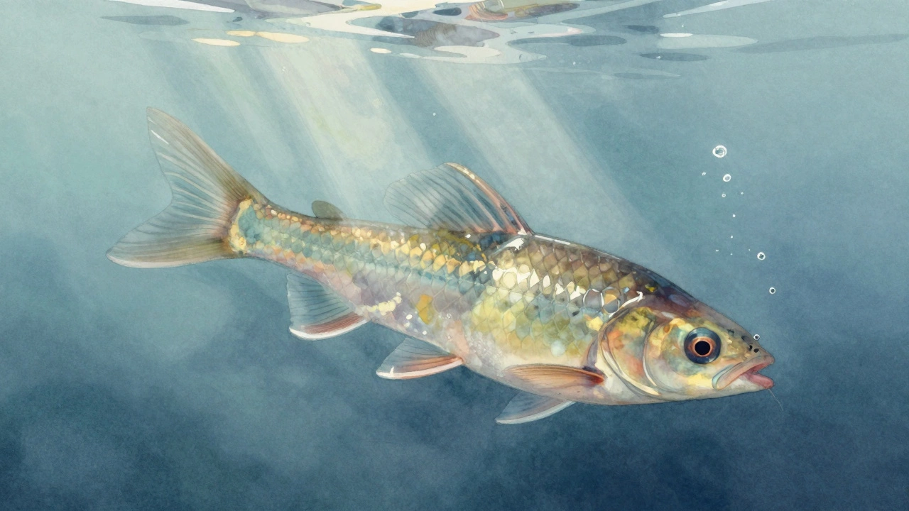 Подводный вид: мотыль дрожит в холодной воде, а плотва приближается к нему.