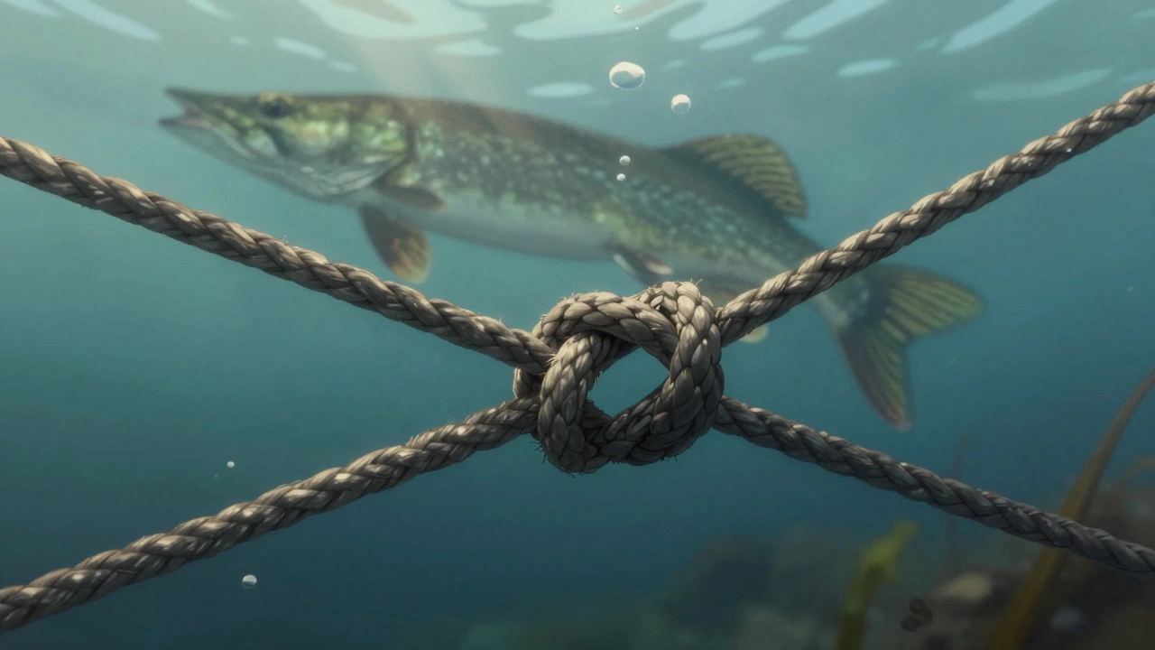 Подводный вид узла, соединяющего две лески, с окунем, проплывающим мимо.