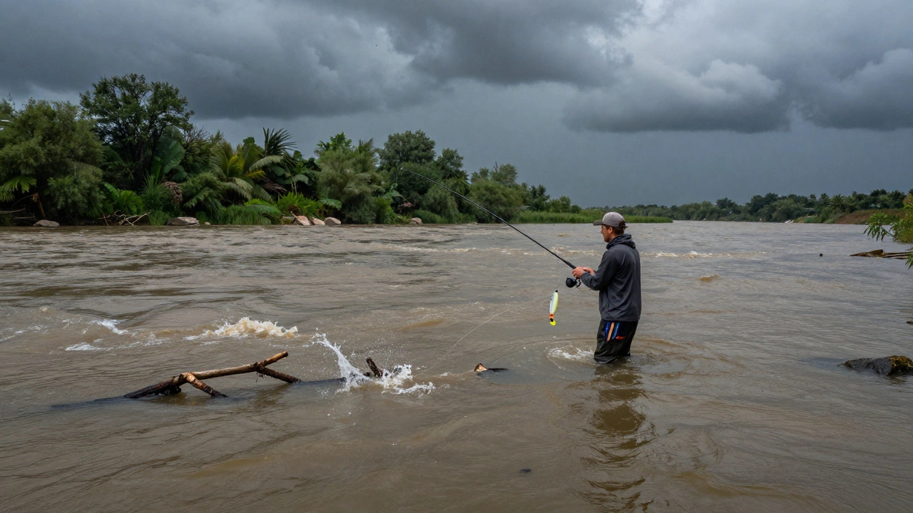 Полдень в мутной воде: рыбак медленно проводит тяжёлый джиг у бровки.