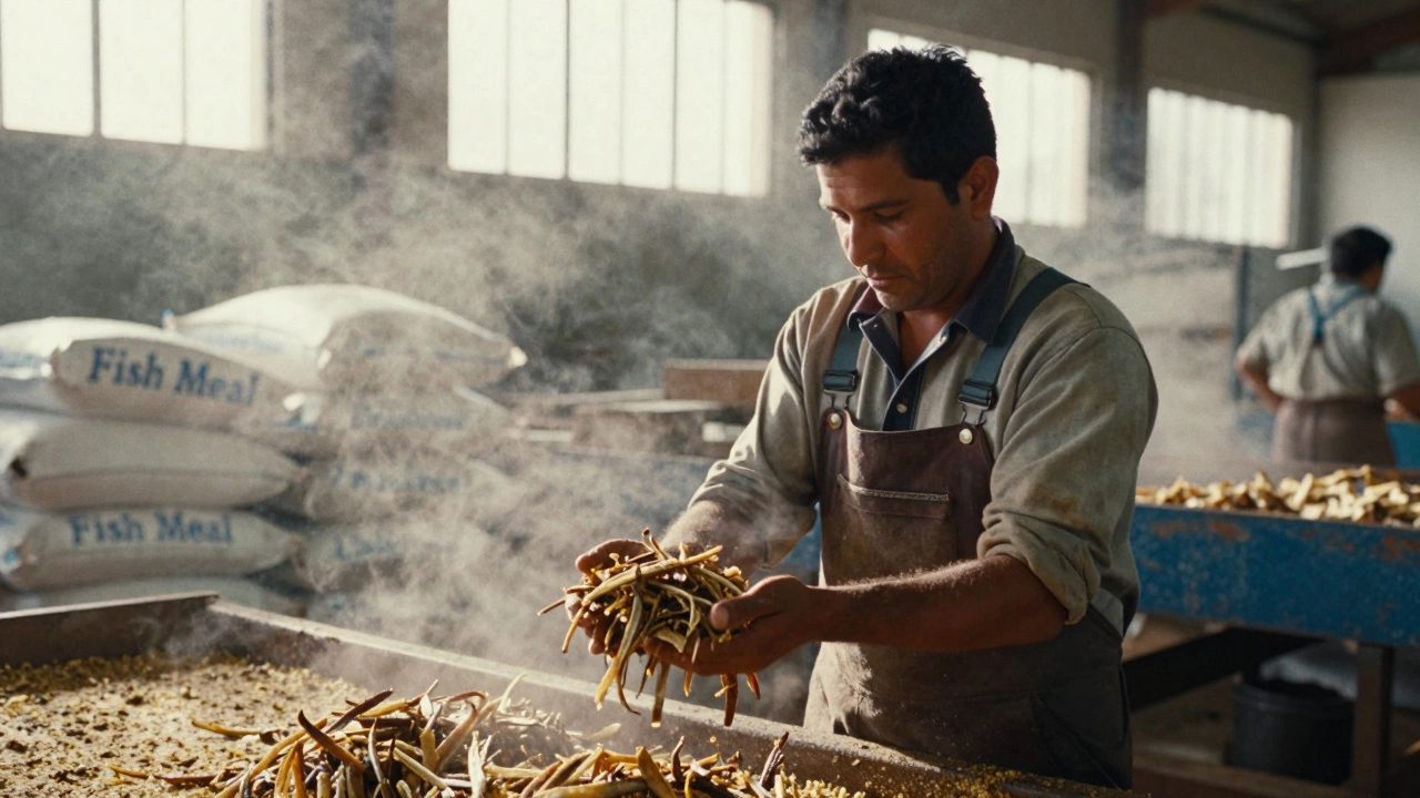 Рабочий на рыбоперерабатывающем заводе держит в руках рыбную муку из анчоуса.