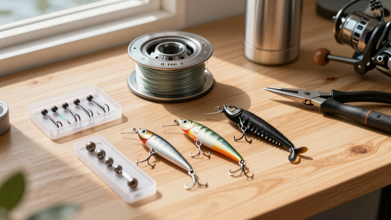 Разложенные рыболовные снасти на деревянном столе: леска, приманки, крючки и плоскогубцы.