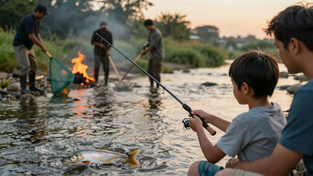 Ребёнок с легальной удочкой смотрит на чистую реку, а вдали сгорают изъятые незаконные снасти.