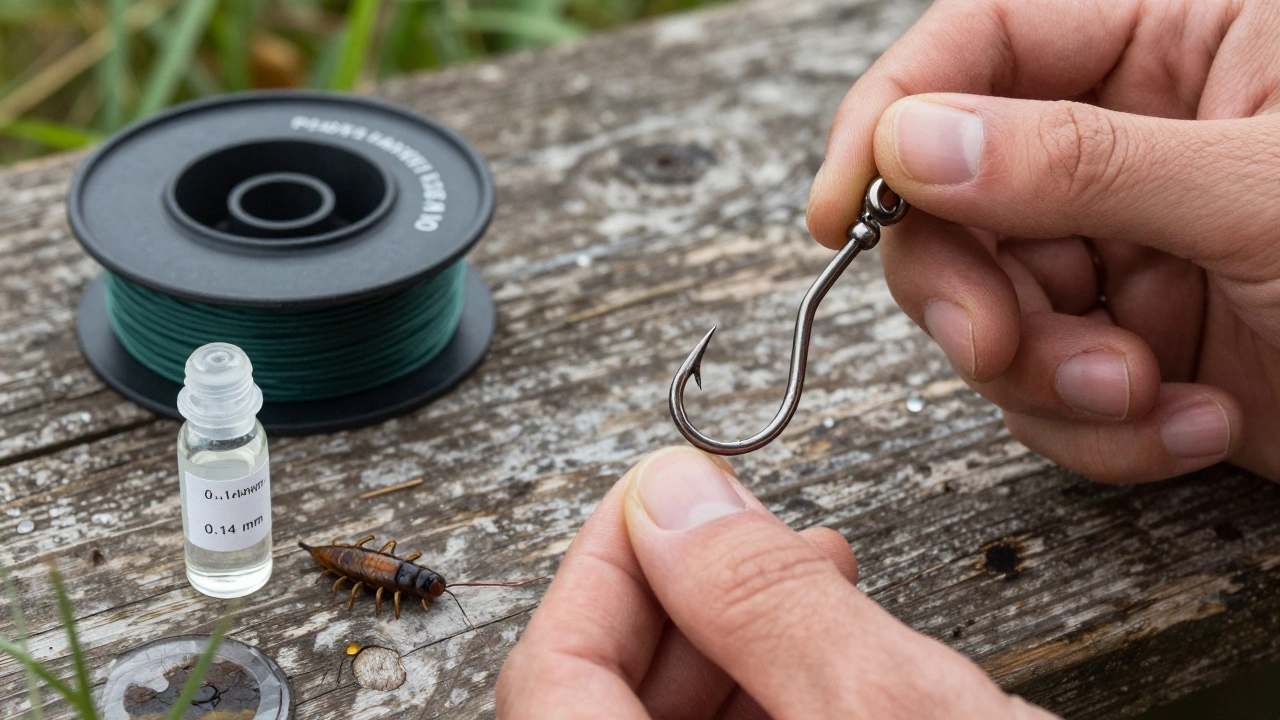 Рука проверяет остроту крючка на ногте, рядом мотыль и плетеная леска.