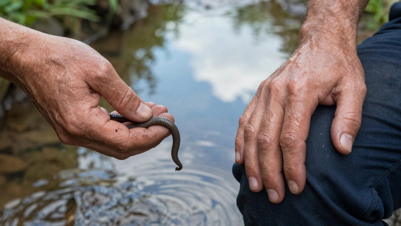 Руки: одна небритая с червяком, другая бритая с пеной — между ними ручей с отражением неба.