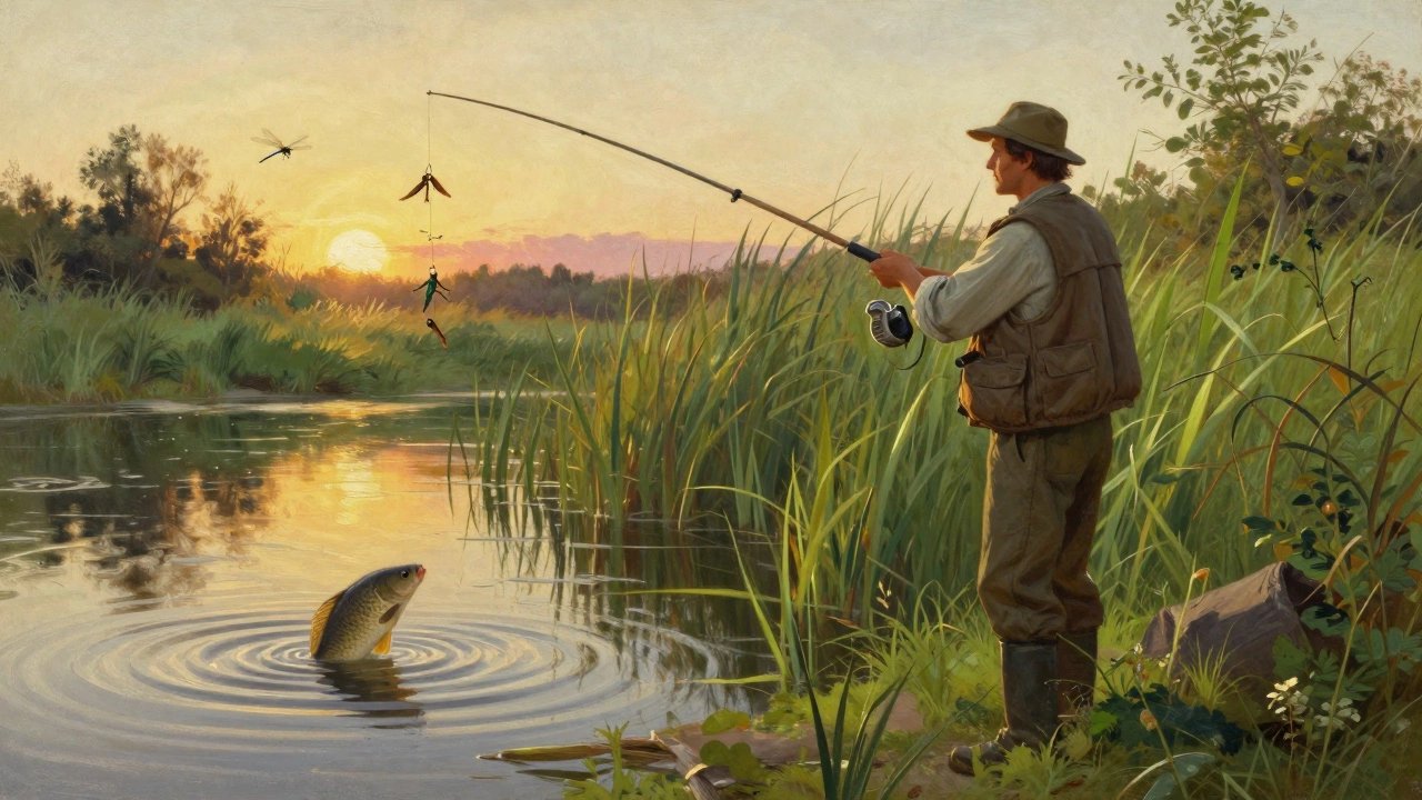 Рыбак ловит карпа на кузнечиков на берегу реки при закате, вода отражает золотистый свет.