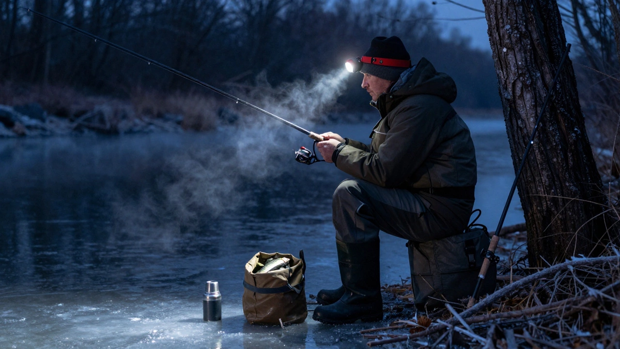 Рыбак ловит ночью на льду под красным фонариком с термосом и уловом.
