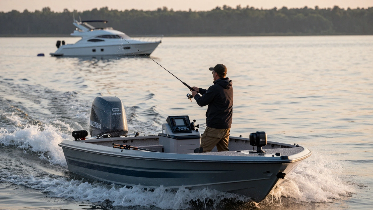 Рыбак ловит щуку на скоростном катере на рассвете, вода брызжет, снасти на месте, каюты нет.