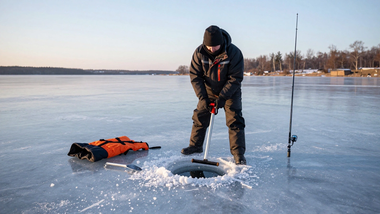 Рыбак сверлит лед на замерзшем озере зимой, рядом ледобур и спасательный жилет.