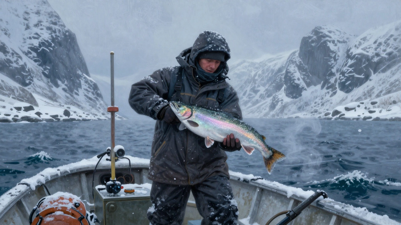 Рыбак в снежной буре Норвегии держит крупного лосося на ледяной палубе лодки.