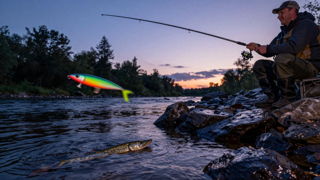 Рыбак забрасывает спиннинг в реку на закате, приманка в воздухе, в воде видна щука.