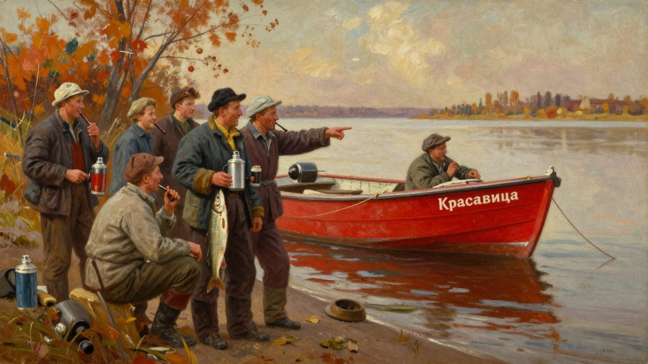 Рыбаки на берегу Волги указывают на красную лодку 'Красавица'.