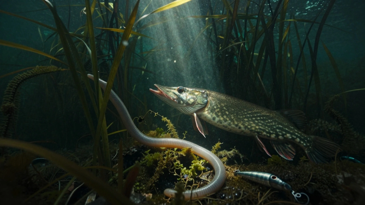 Силиконовая приманка медленно тонет среди водорослей, щука затаилась в тени, луч света сверху.