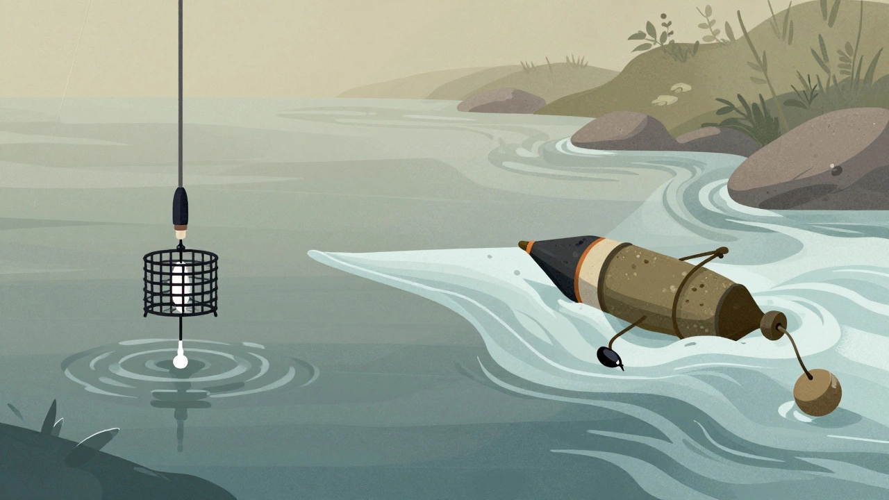 Сравнение фидера и донки: точная снасть с кормушкой против простой снасти с грузилом в течении.