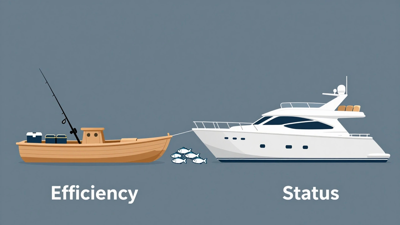 Сравнение: катер с удочками и уловом слева, роскошная яхта справа — весы склоняются к катеру.