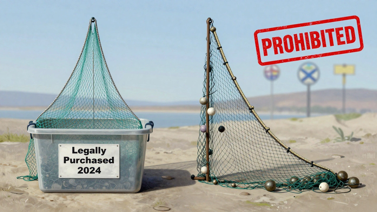 Сравнение легальной и запрещённой сети: одна разобрана и помечена, другая с грузилами в тени с красной пометкой &#039;ЗАПРЕЩЕНО&#039;.