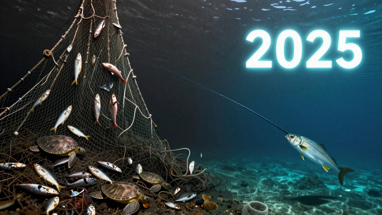 Сравнение: слева — разрушающая сеть, справа — экологичная ловля на удочку, символизирующее будущее рыбалки.