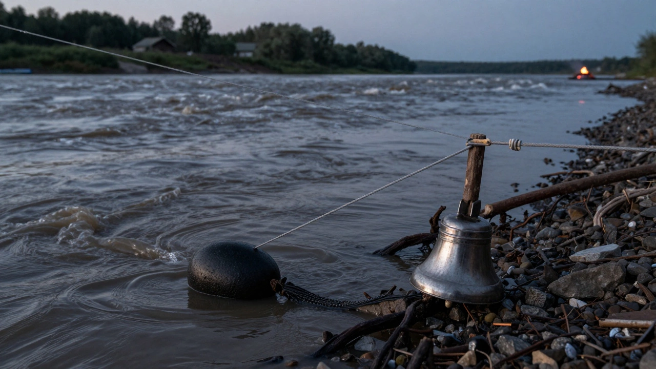 Традиционная донка с грузилом и колокольчиком на течении реки, леска закреплена на палке.
