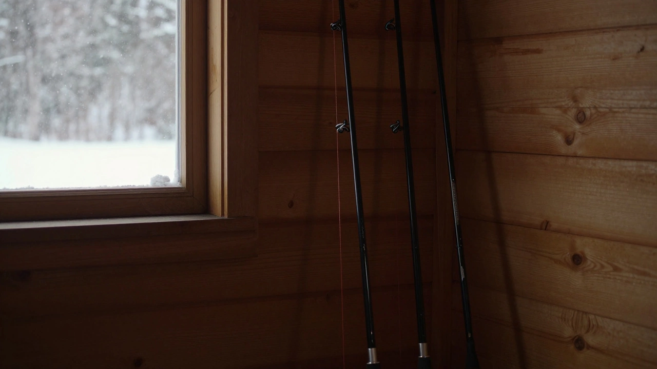 Три удочки с двойными прямыми узлами у стены зимней хижины под снегом.