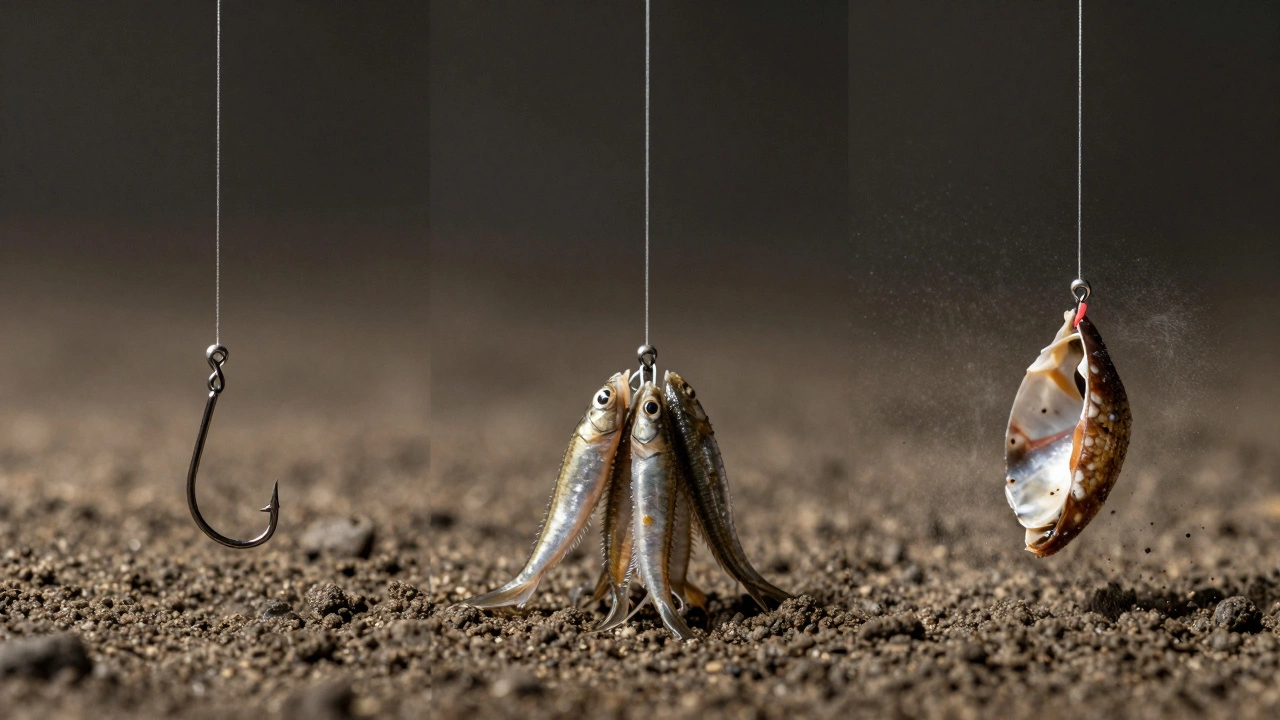 Три варианта наживки: один мотыль на тонкой леске, комок мотылей и панцирь на нитке.