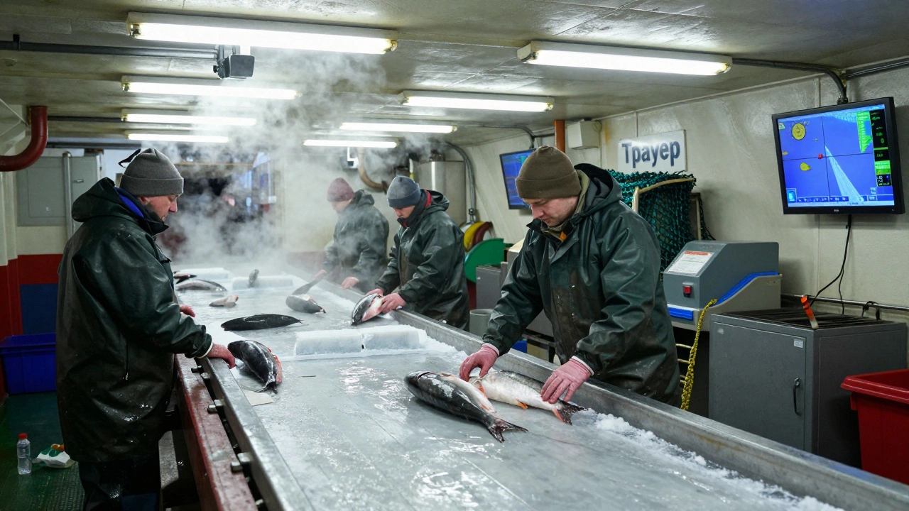Внутри рыболовного судна: рабочие сортируют рыбу на конвейере в холодильном отсеке.