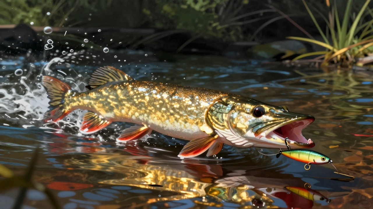 Вращающаяся блесна в чистой воде, щука атакует, солнечные блики на лопасти и всплески.