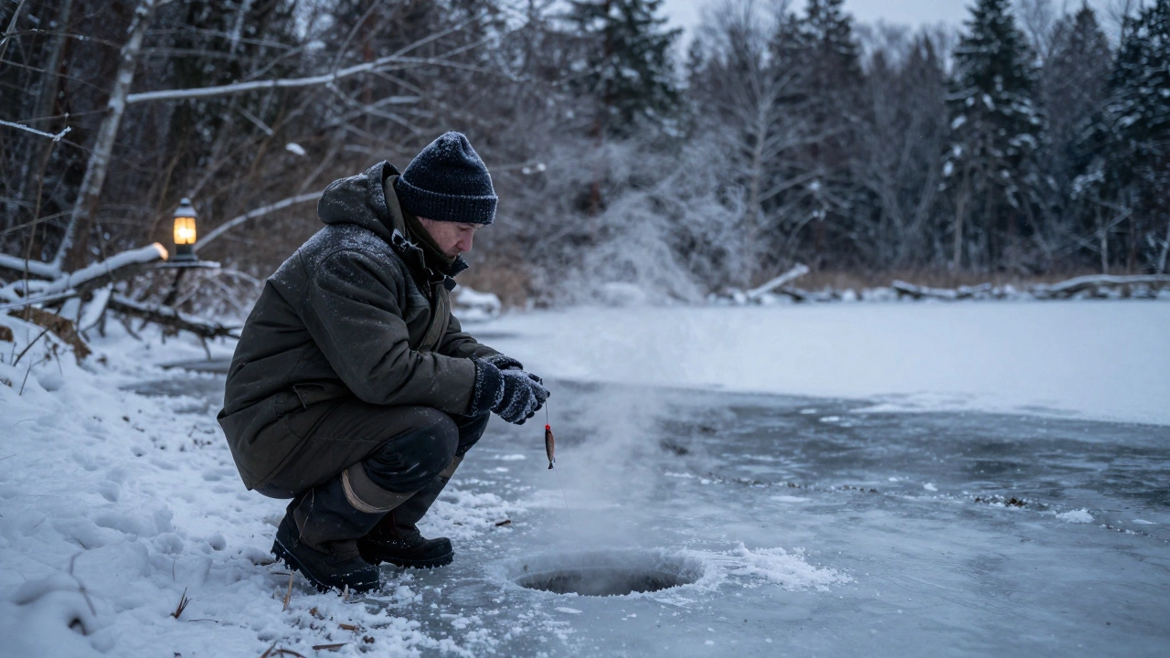 Зимняя рыбалка через лунку в льду, рыбак держит мормышку, пар поднимается из лунки.