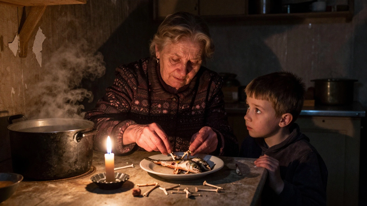 Бабушка убирает кости из щуки на кухне, ребёнок смотрит, как на испытание.