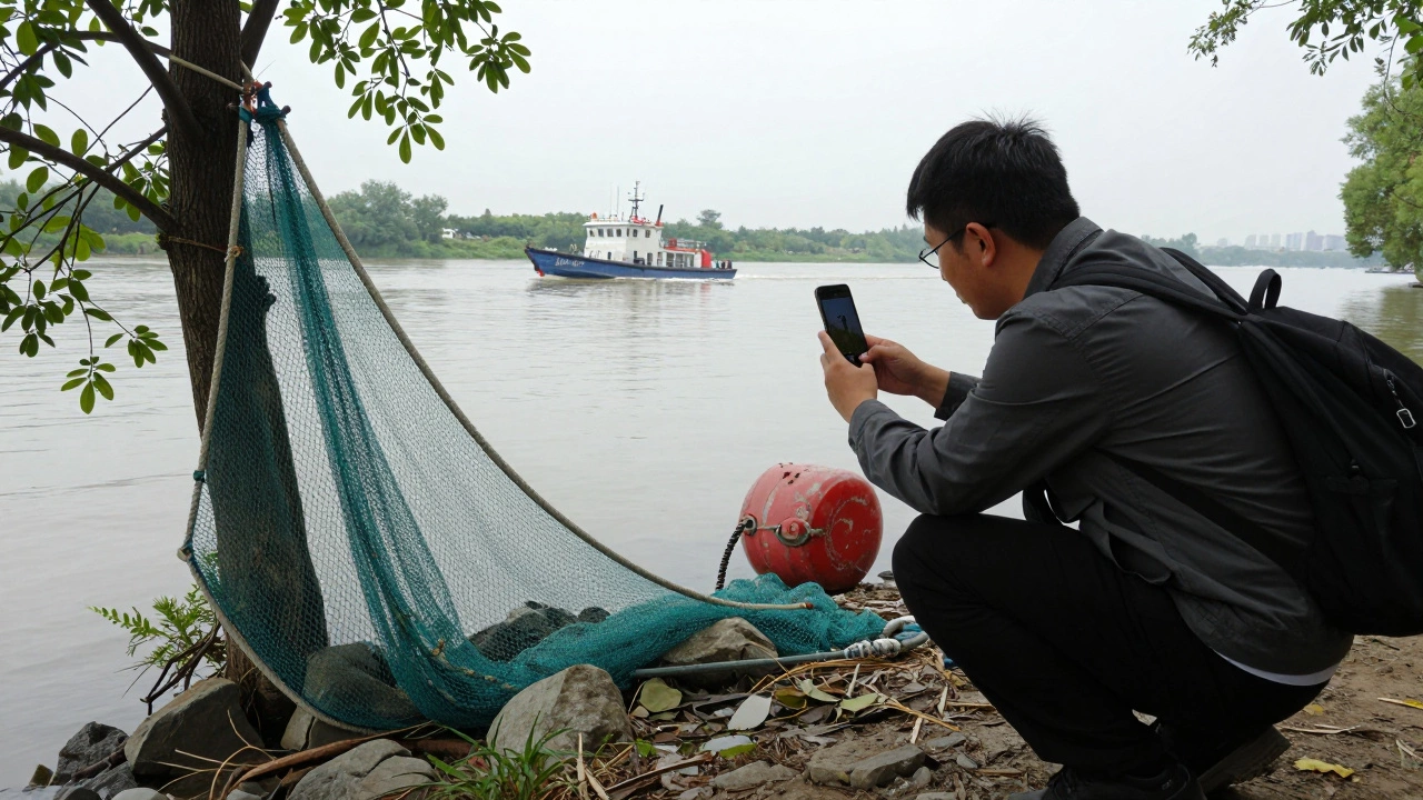 Человек фотографирует незаконную сеть на реке, на экране телефона видны координаты.