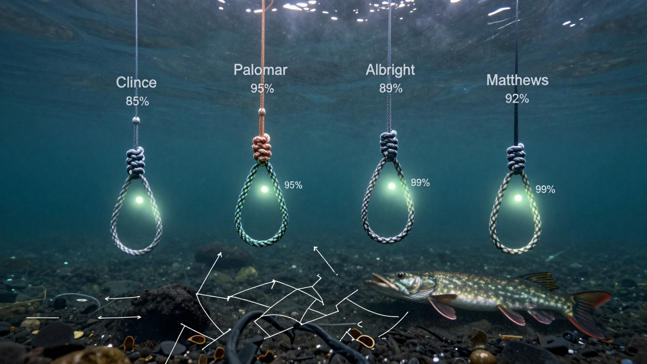 Четыре рыболовных узла в воде с указанием прочности, над погружённым дном реки.