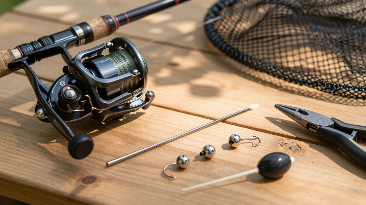 Детальный план снастей: леска, крючок, грузила и поплавок на деревянном столе.