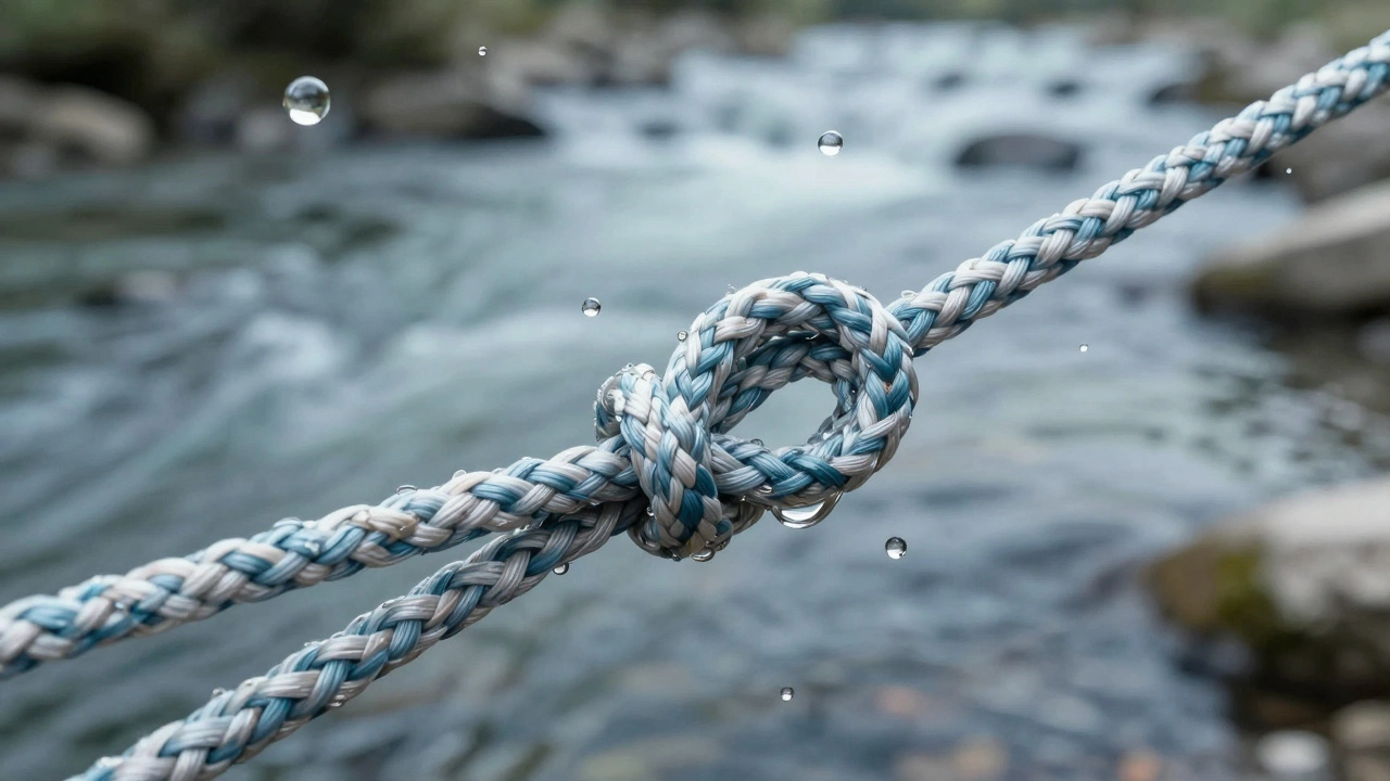 Детальный вид узла Паломар на плетёной леске с бликами воды.