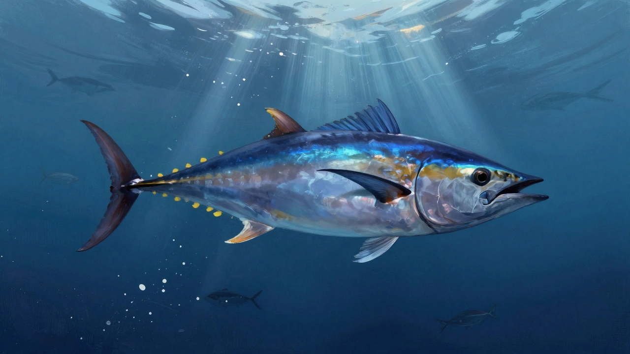 Дикий синий тунец плавает в глубоком океане, солнечные лучи пронзают воду, вокруг — тени других рыб и морские течения.