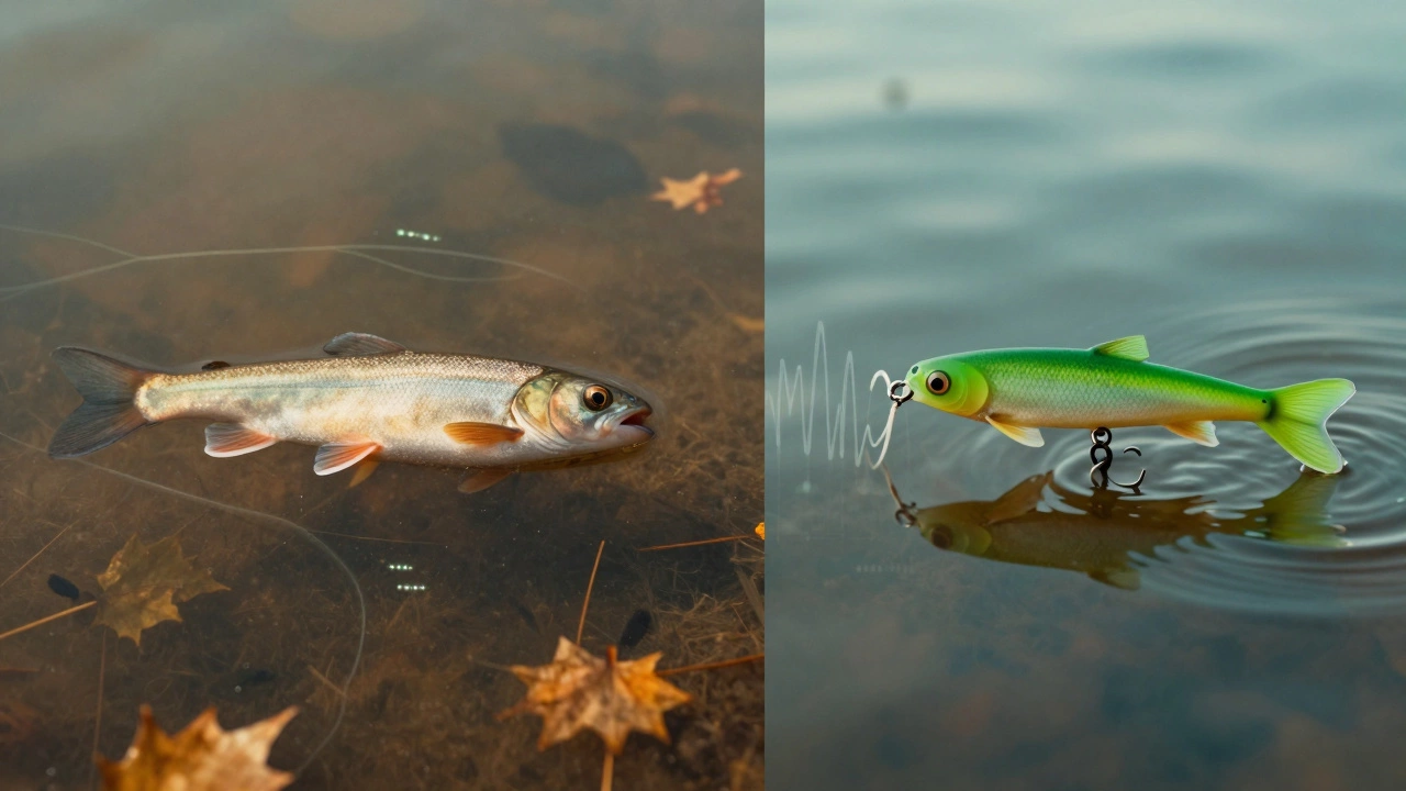 Два типа наживки — живец и силикон — привлекают рыбу в осенний день, вода с визуальными волнами.