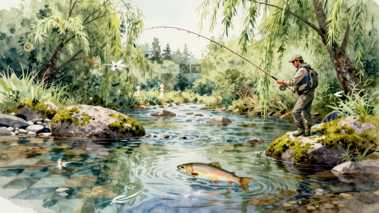 Флай-рыбак делает аккуратный заброс мушки в чистой реке, форель поднимается к поверхности.