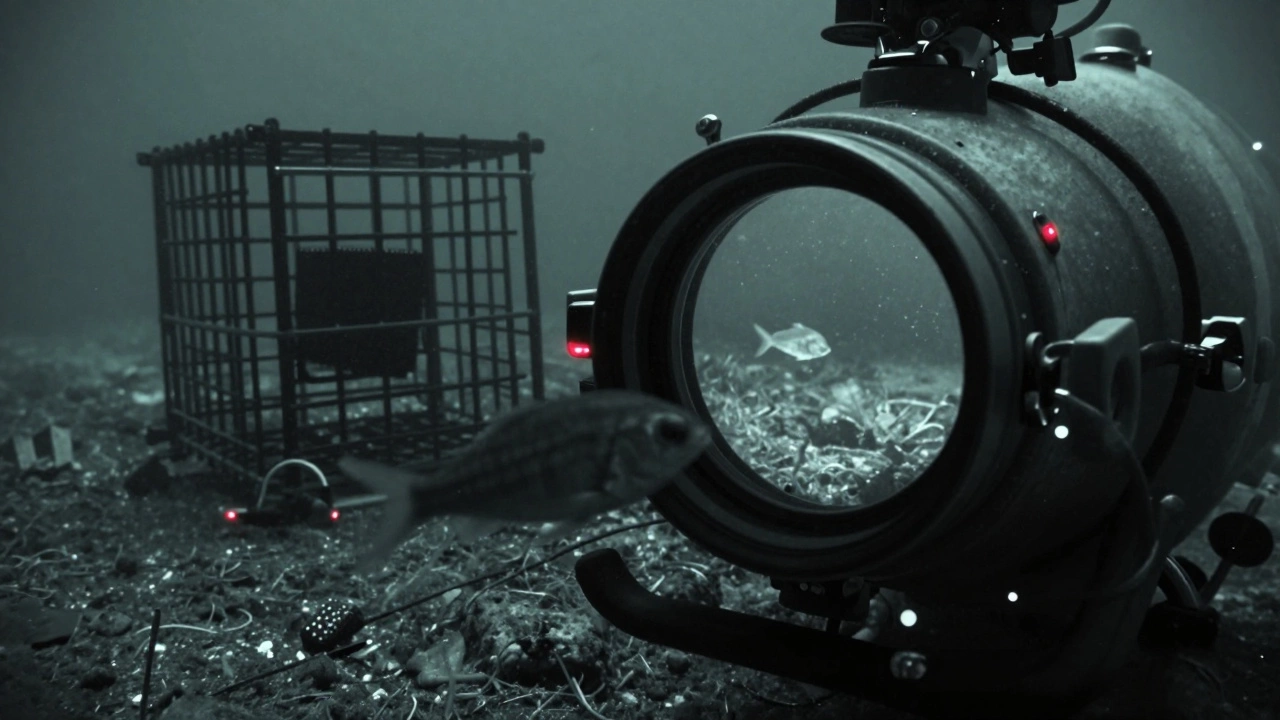 Камера глубоководного аппарата фиксирует движение рыбы в ловушке на дне океана.