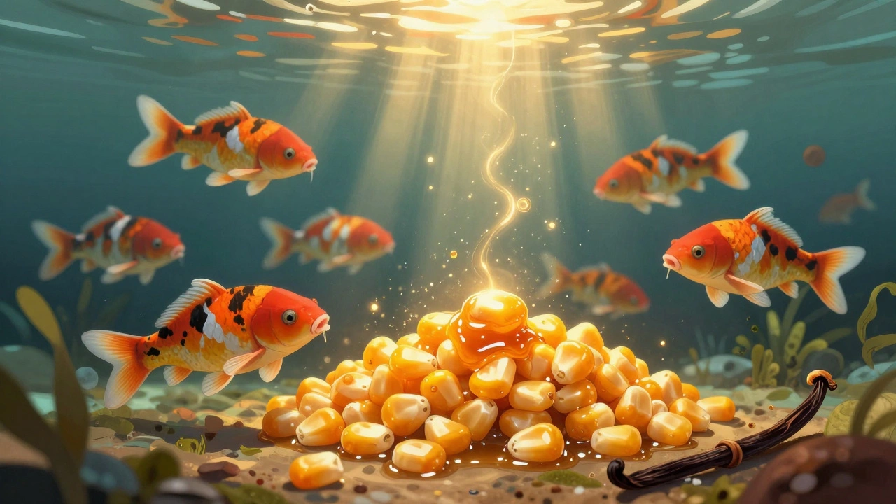 Карпы плывут к кукурузе, покрытой медом, в подводном свете.