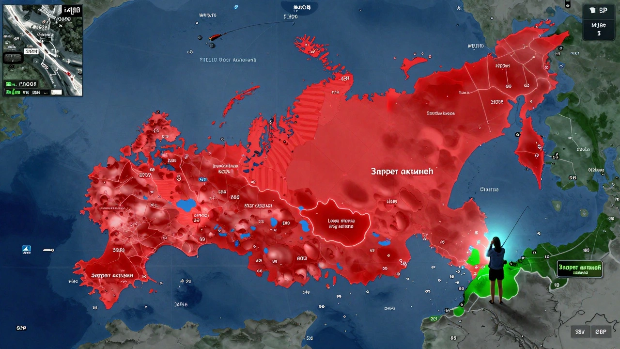 Карта России с красными зонами запрета рыбалки, рыбак смотрит на телефон.