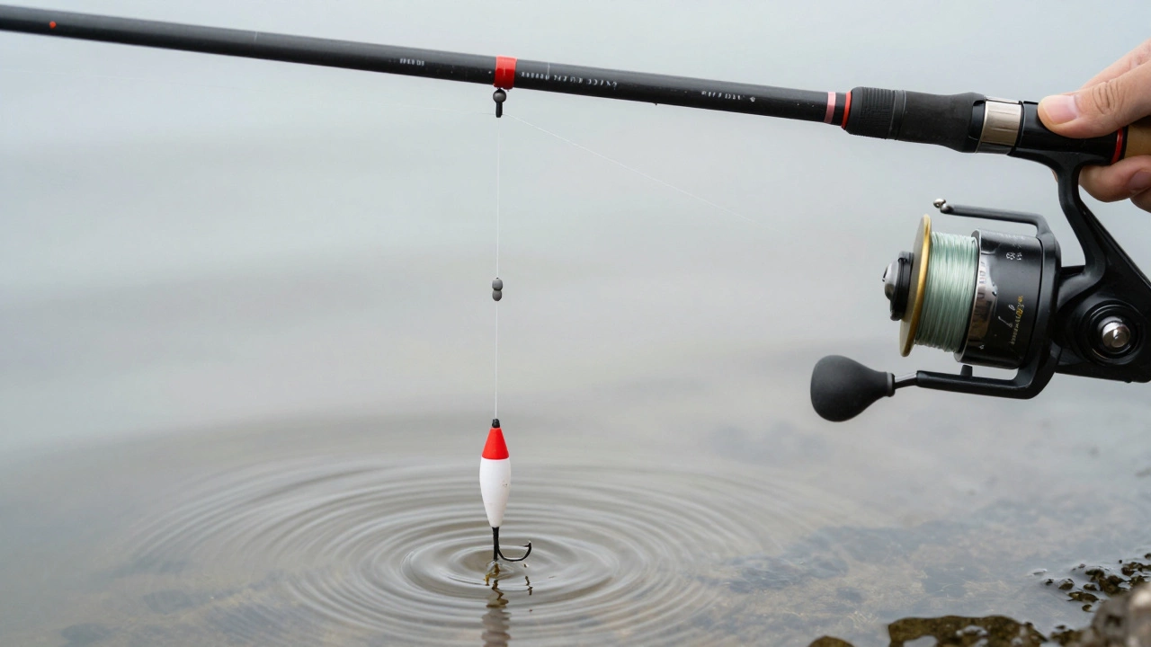 Крупный план поплавочной снасти: тонкая леска, грузила и крючок с мотылем на воде.