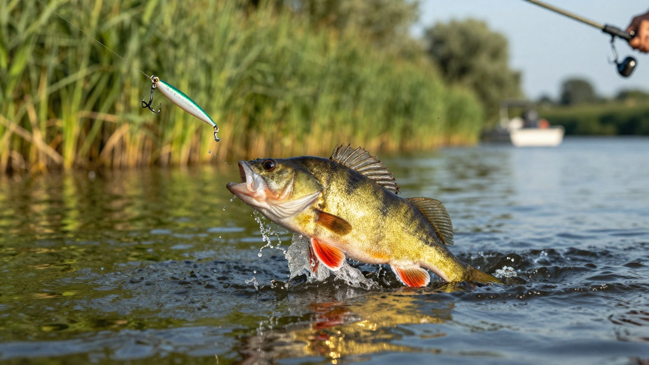 Летний заброс воблера в реке Дон, окунь атакует приманку, брызги воды в воздухе.