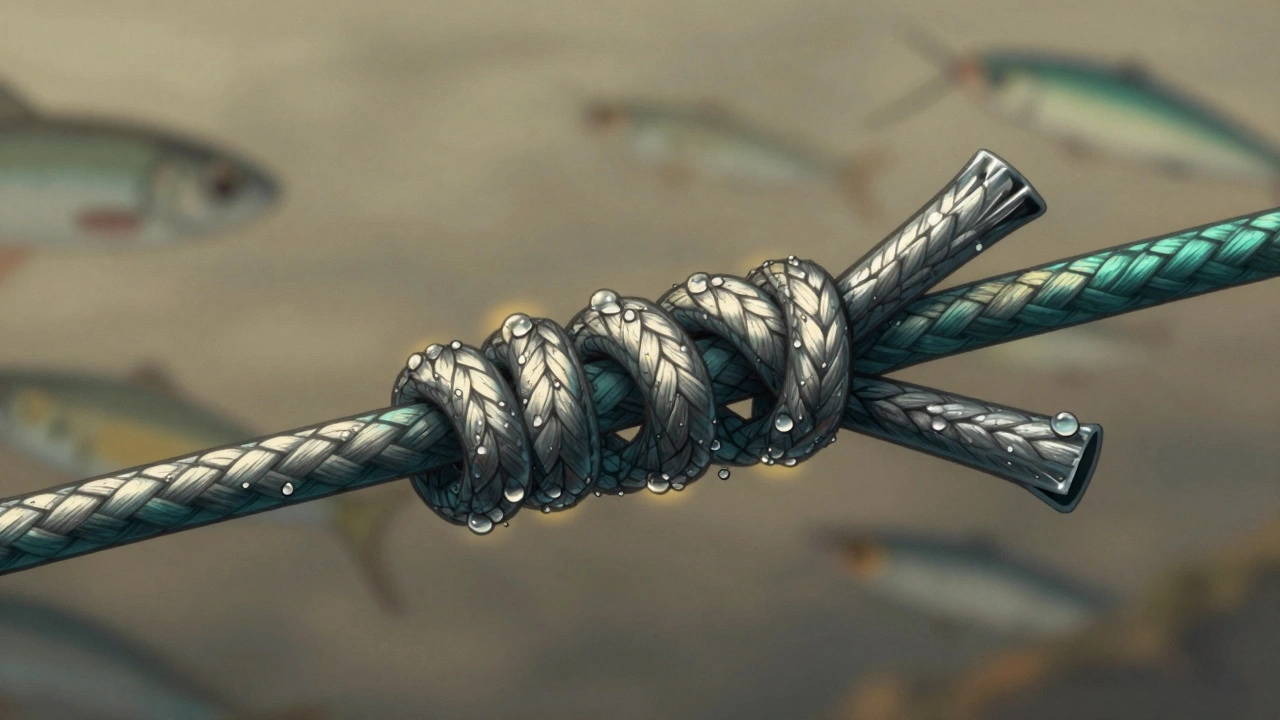 Макроснимок идеально завязанного узла Гриннер с каплями воды и четырьмя ровными витками на плетенке.