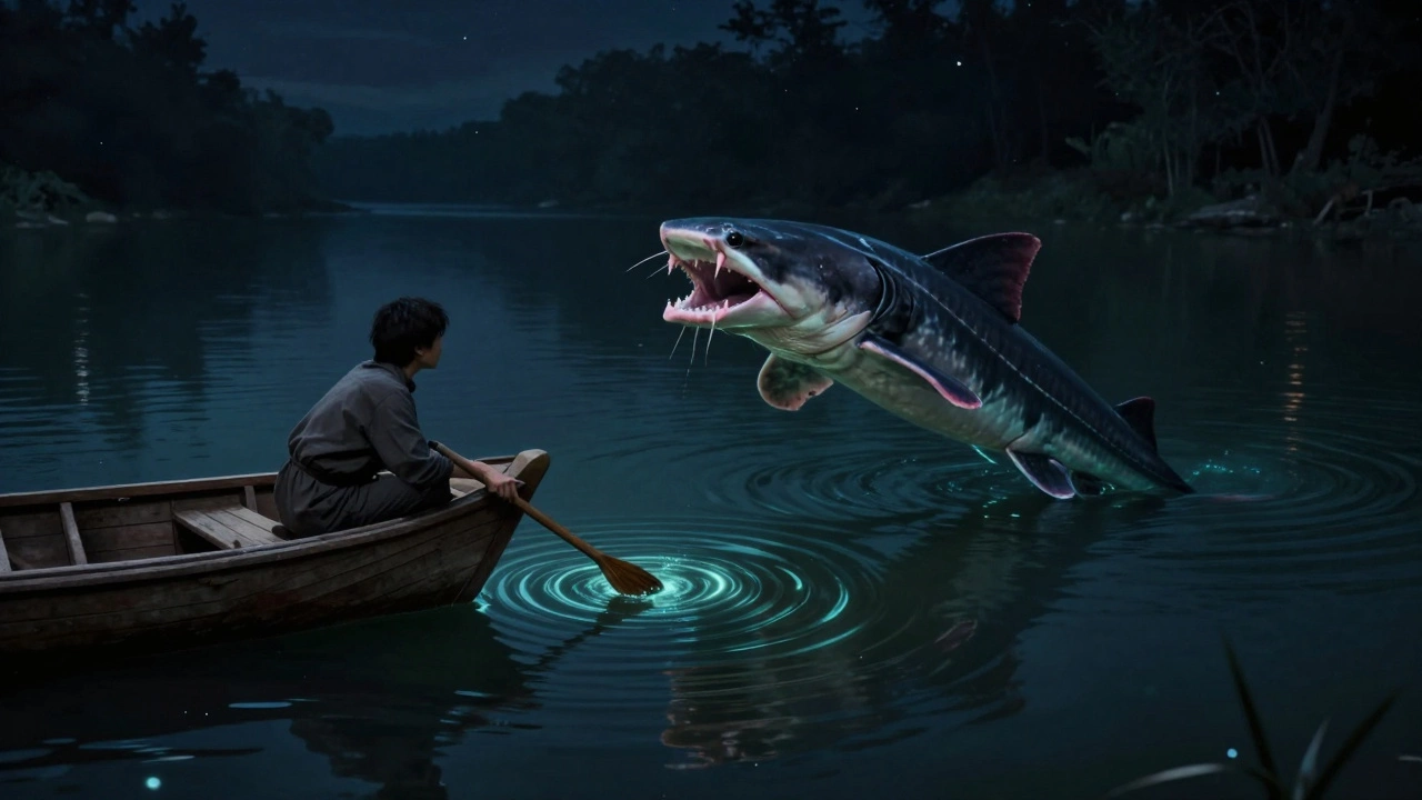 Ночной лов сома на квок в лодке, рыбак бьёт по воде, сом поднимается из тьмы, звёзды отражаются в реке.