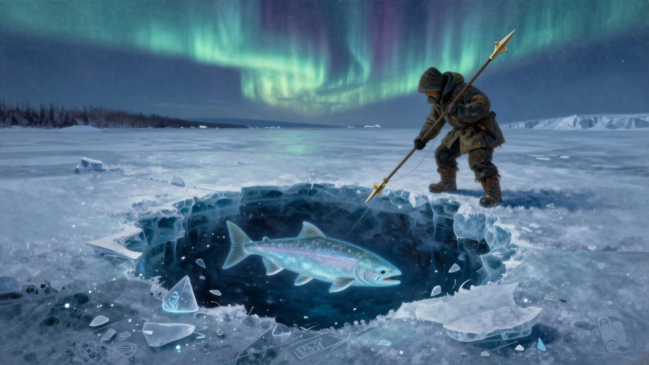 Охотник в Арктике ловит призрачного лосося через ледяную луну под северным сиянием