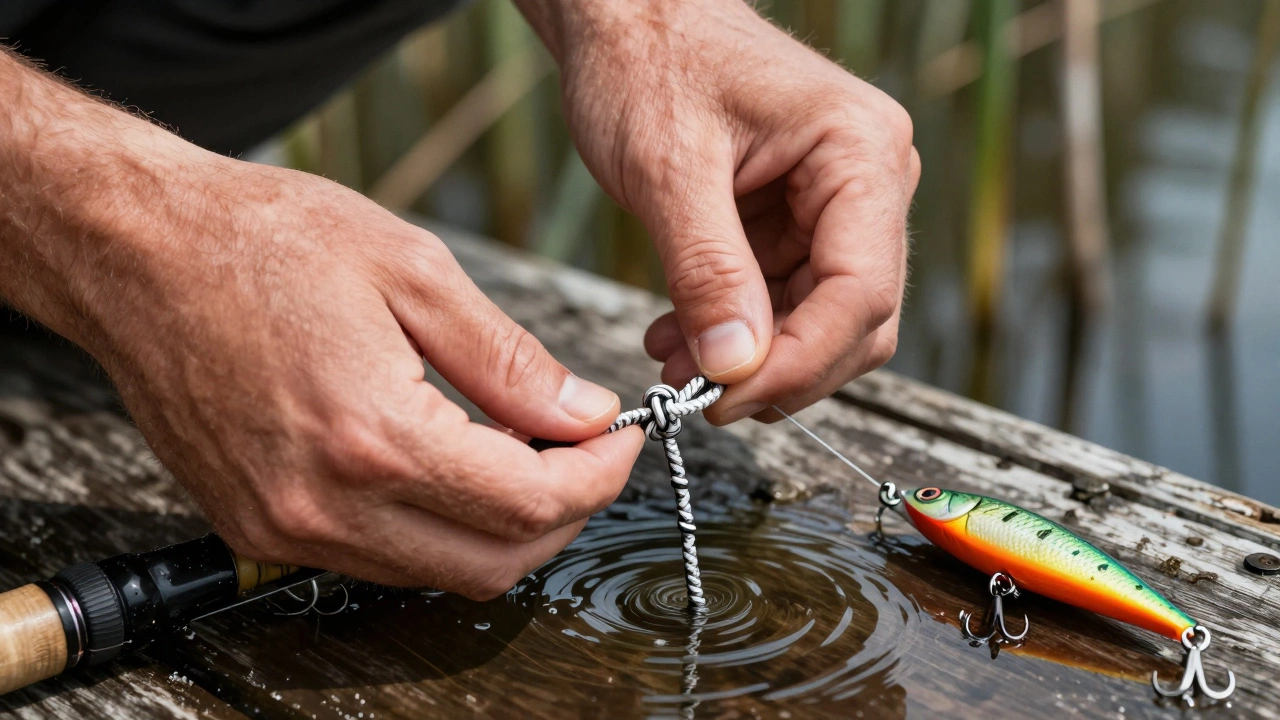 Пальцы завязывают узел Гриннер на плетенке с тяжелой приманкой на фоне берега.