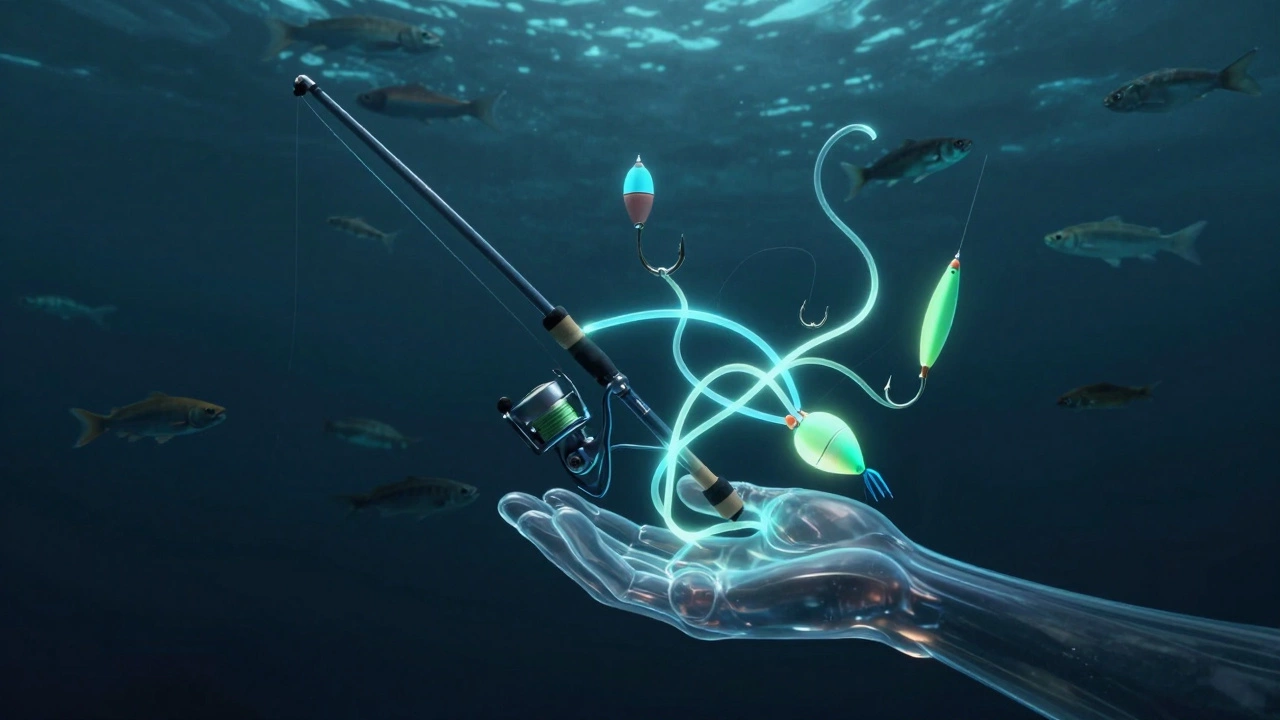 Прозрачная рука держит систему рыболовных элементов, светящуюся как живой организм над водой.