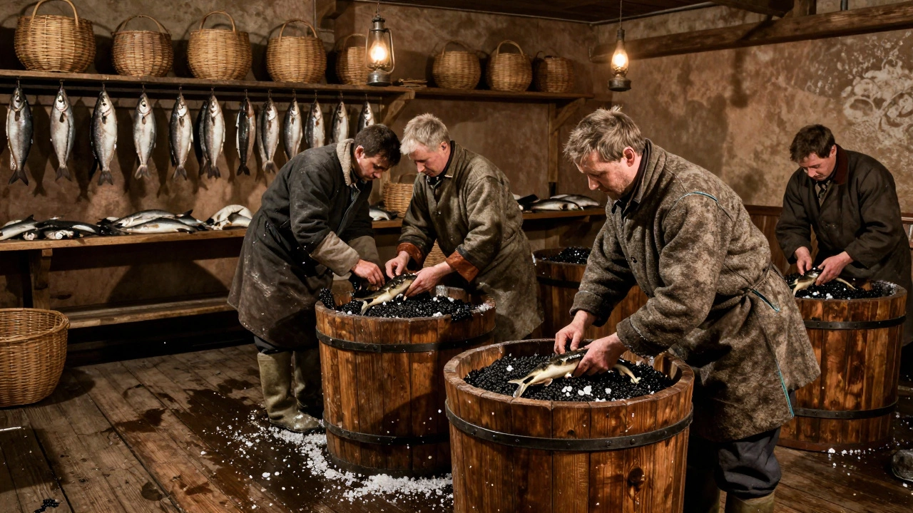 Работники XIX века солят икру осетра в деревянных бочках в Астрахани