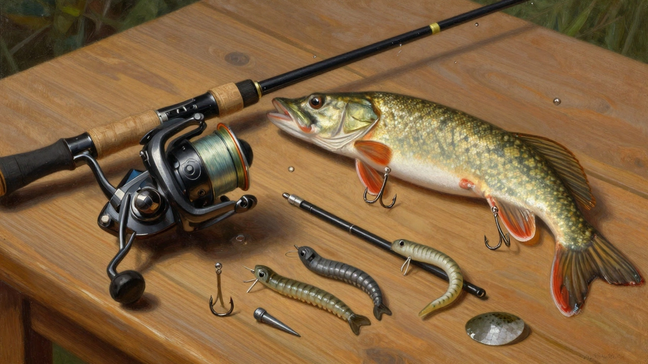 Разложенные рыболовные снасти на деревянном столе: катушка, леска, крючки, грузила и приманки.